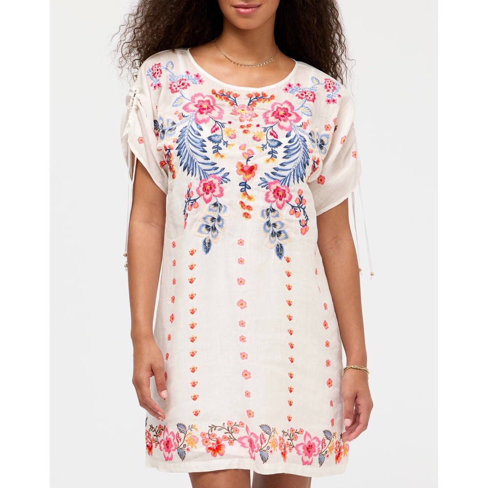 Johnny‎ Was Mini DRESS Lirielle RUCHED SLEEVE NEW Embroidered White Medium